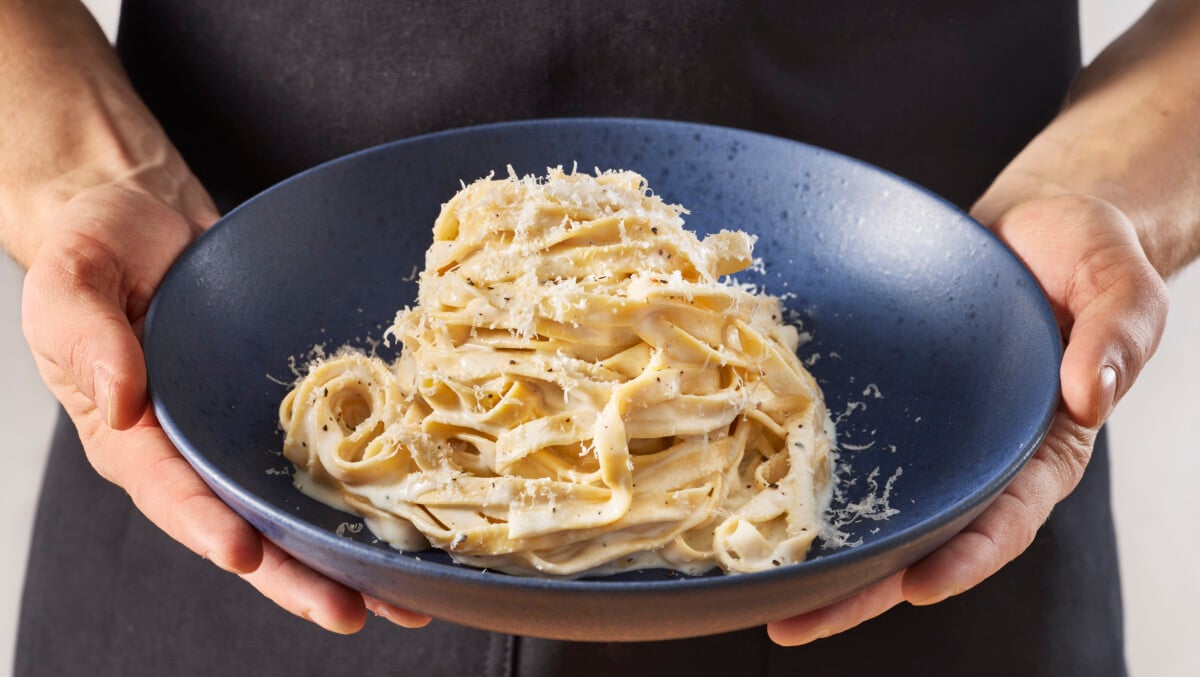 A bowl of homemade fettuccine alfredo.