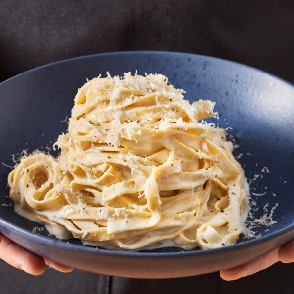 A bowl of homemade fettuccine alfredo.