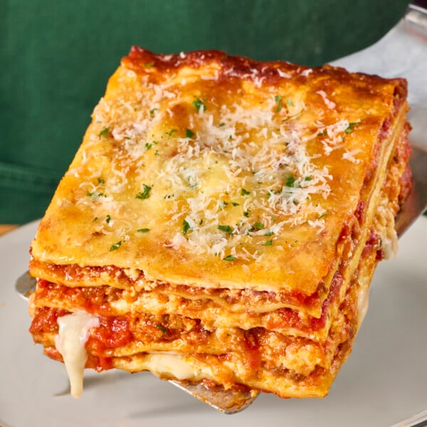 A spatula holding a serving of lasagna.