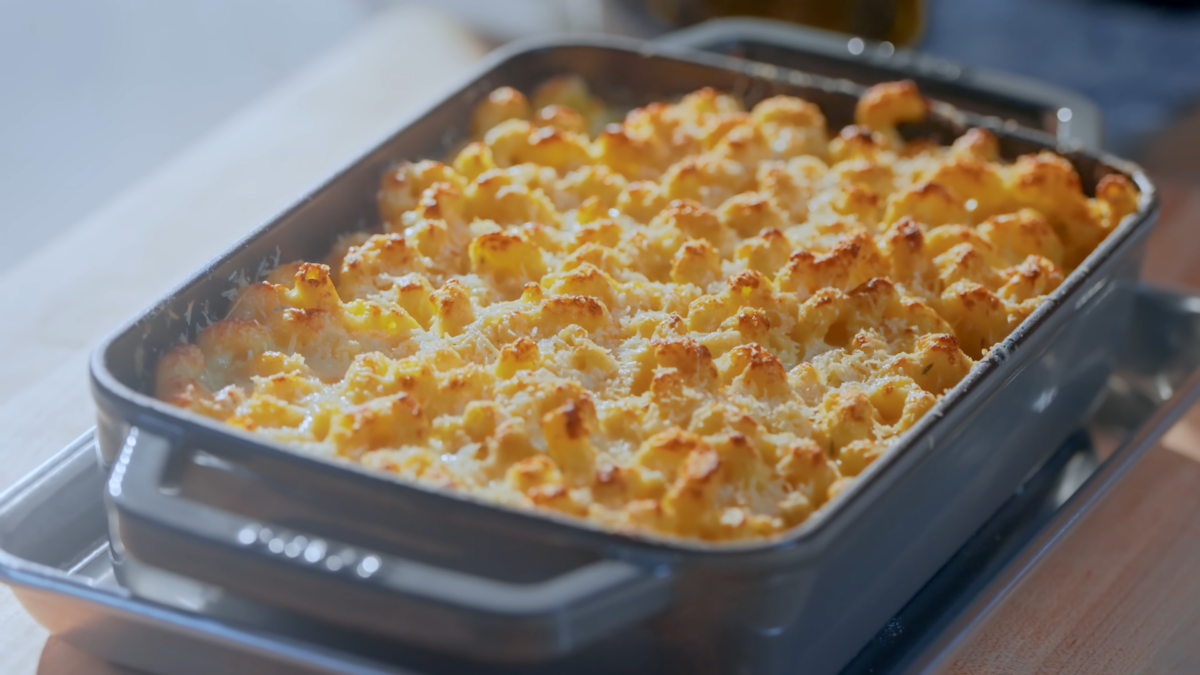 A pan of baked homemade mac and cheese.