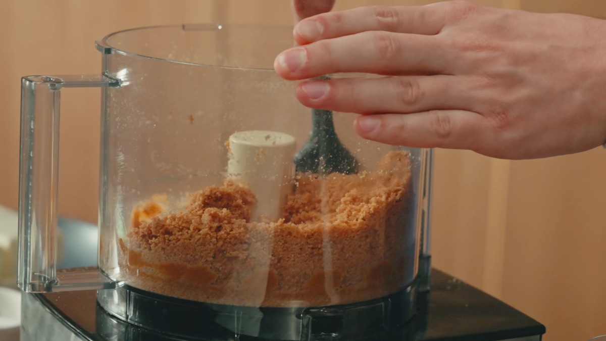 Graham cracker crust blended in a food processor.