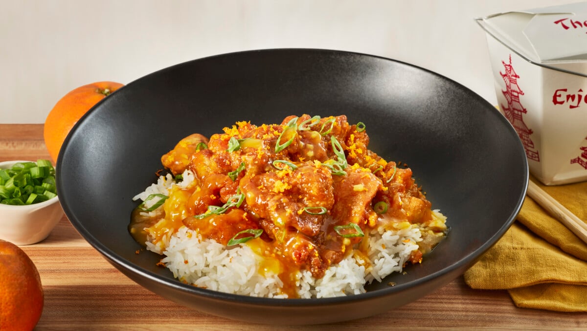 A bowl of easy orange chicken.