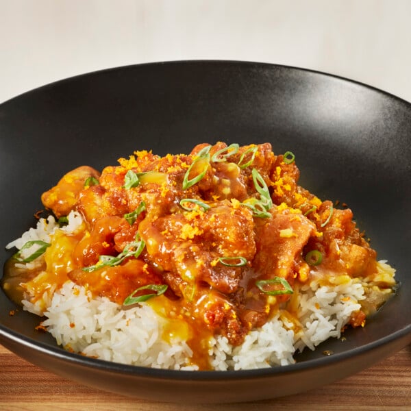 A bowl of easy orange chicken.