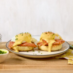 Eggs Benedict with salmon on a plate.