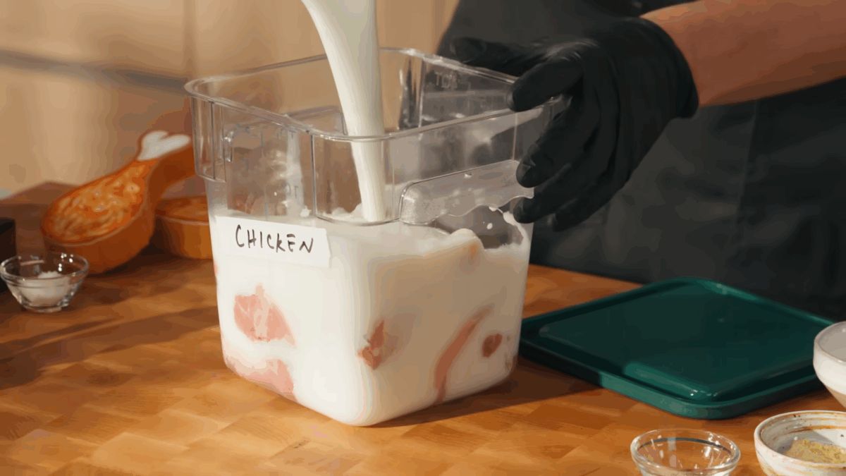 Raw chicken marinating in buttermilk.