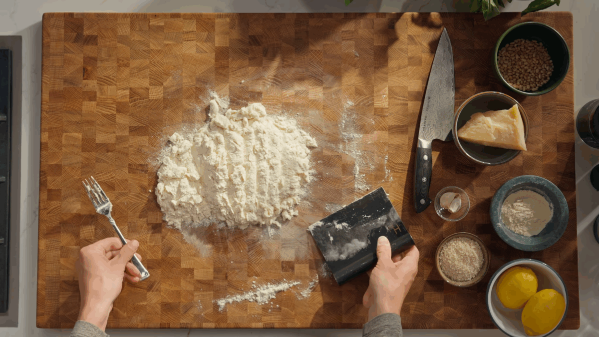 Pasta flours being combined on a wooden work surface. 