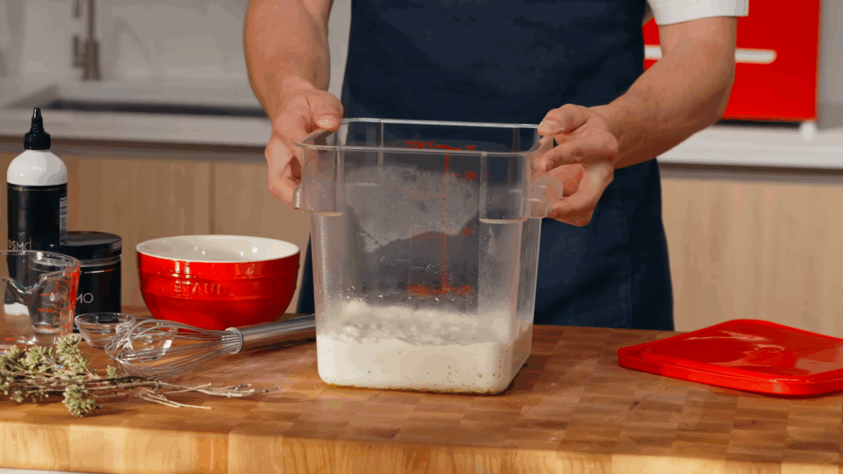 Raw pizza dough in a plastic container. 