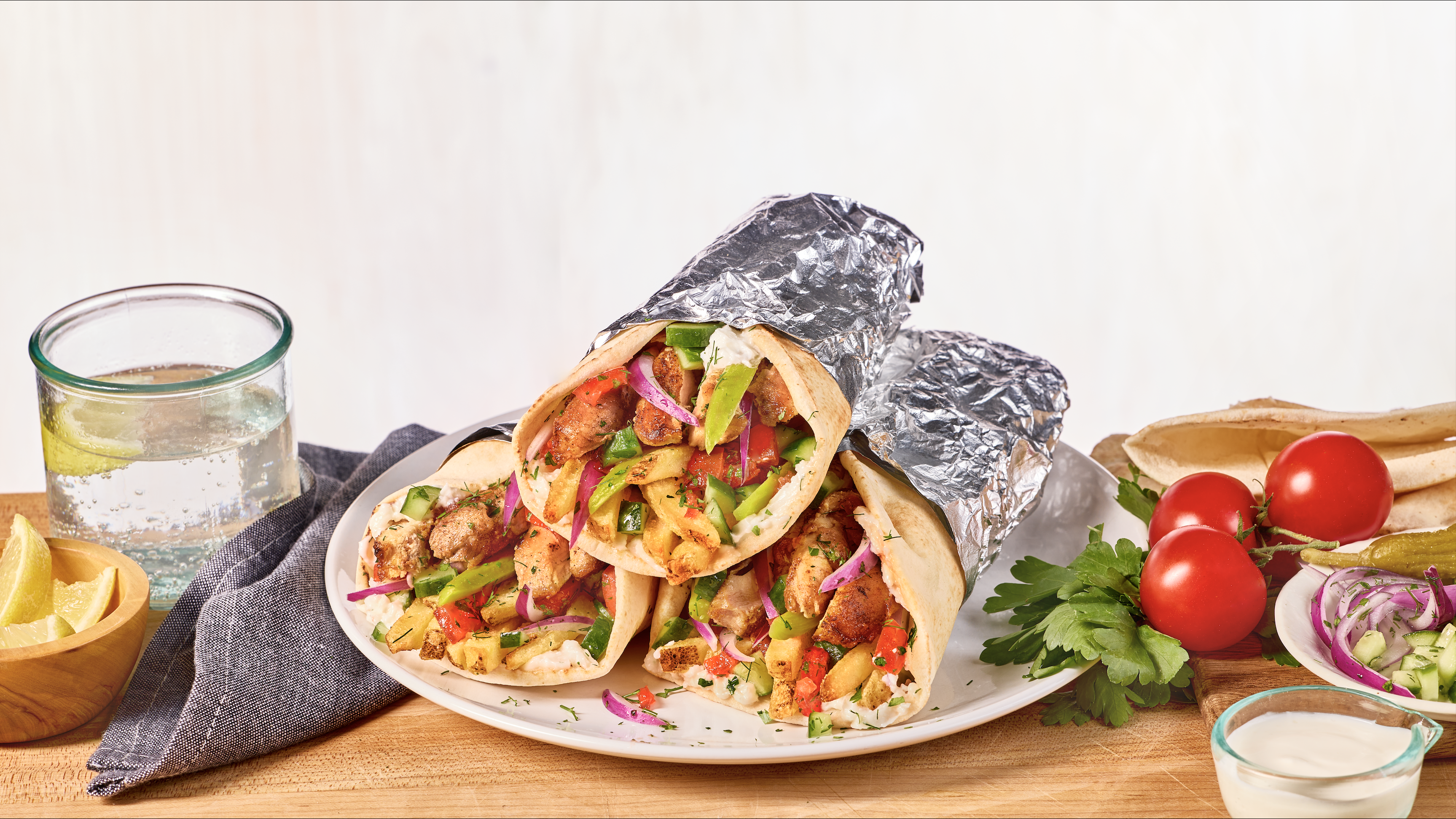 A plate with three chicken shawarma wraps.