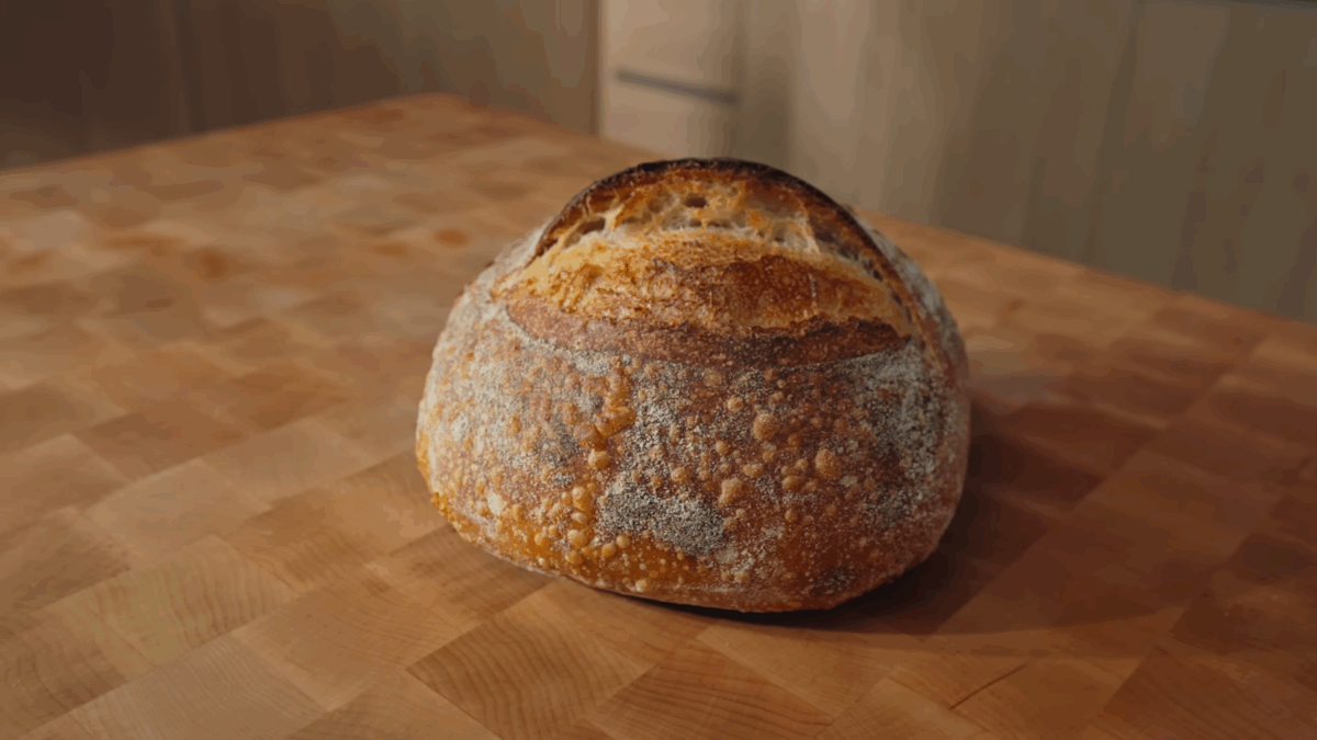 A loaf of homemade sourdough bread.