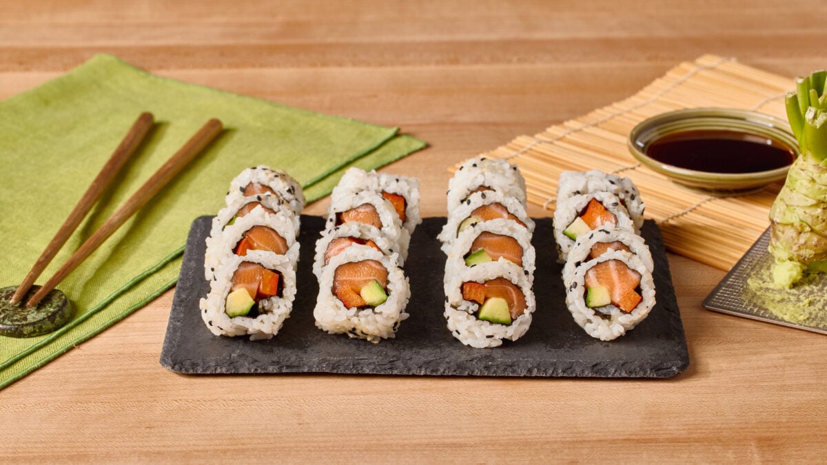 A platter of homemade sushi rolls.