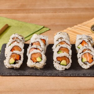 A platter of homemade sushi rolls.