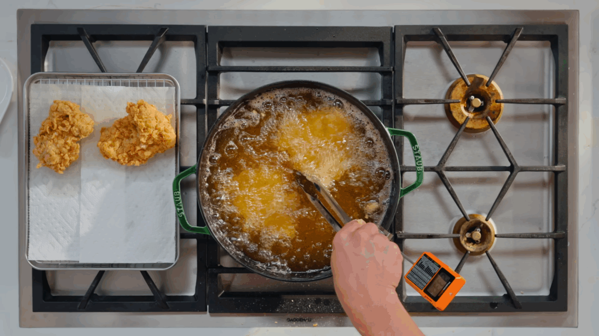 Nick DiGiovanni double frying chicken thighs. 