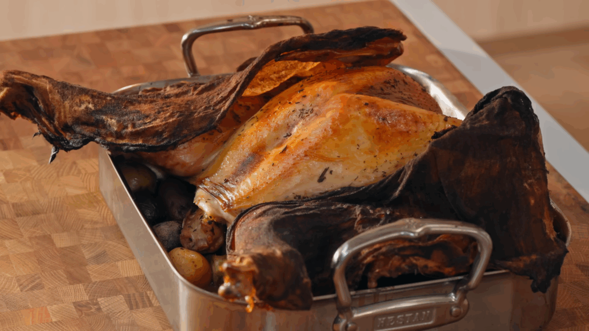 A cooked spatchcock turkey. 