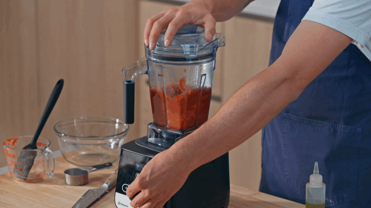 Nick DiGiovanni blending piperade sauce.