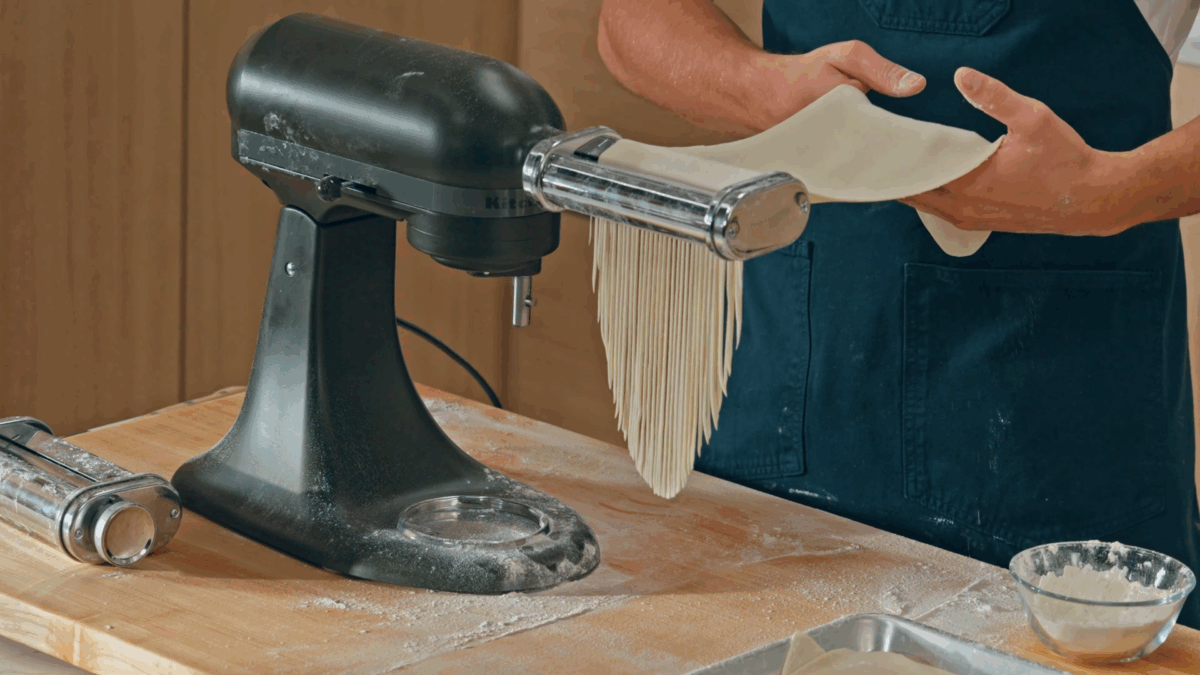 Nick DiGiovanni shaping ramen noodle dough with a stand mixer. 