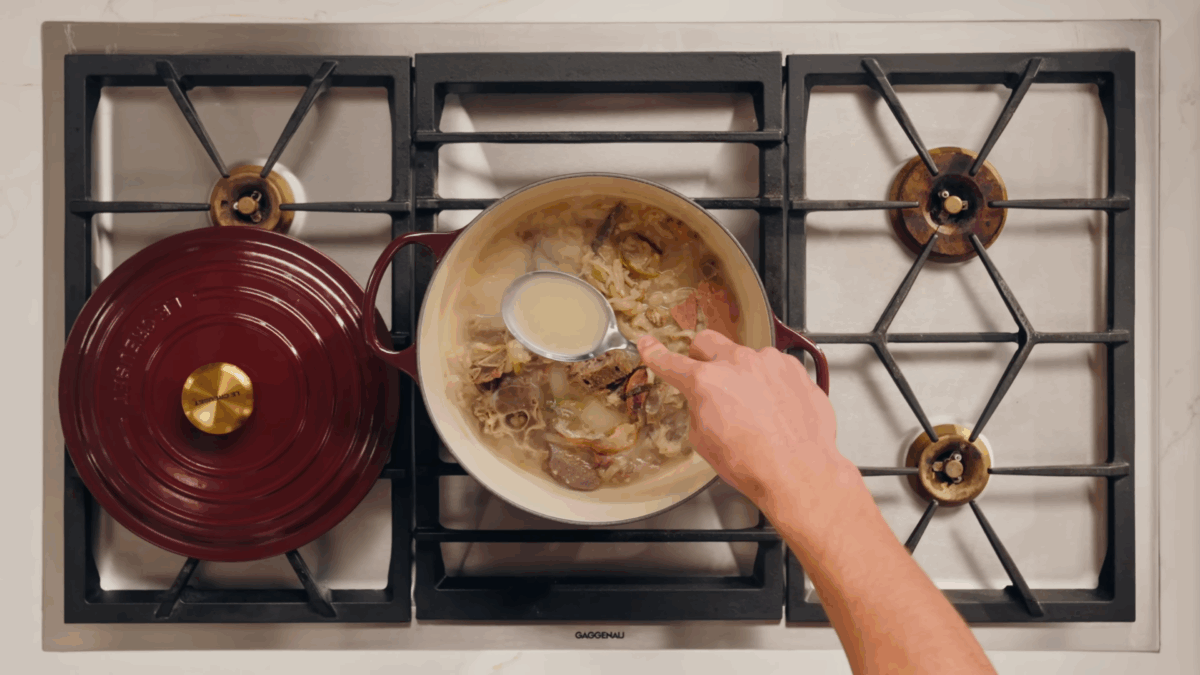Nick DiGiovanni simmering pork bone broth. 
