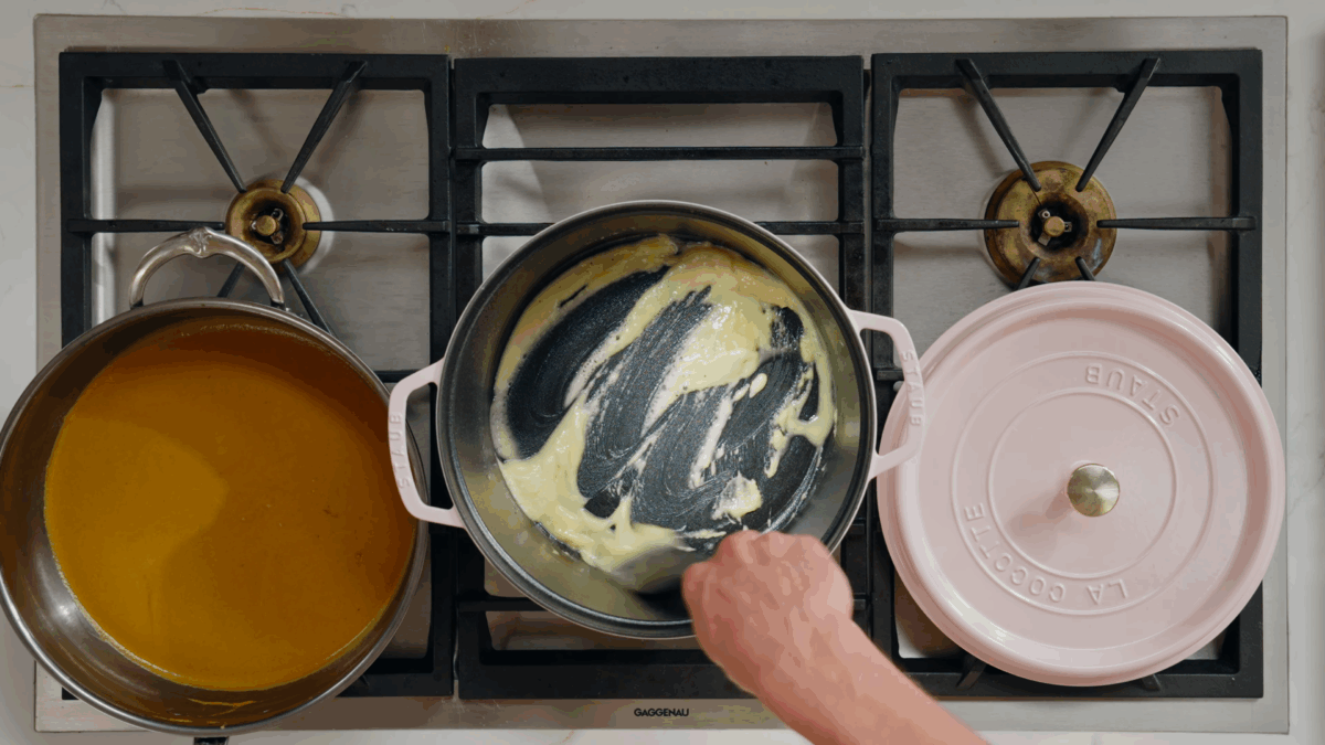 Nick DiGiovanni combining butter and flour to make a roux.