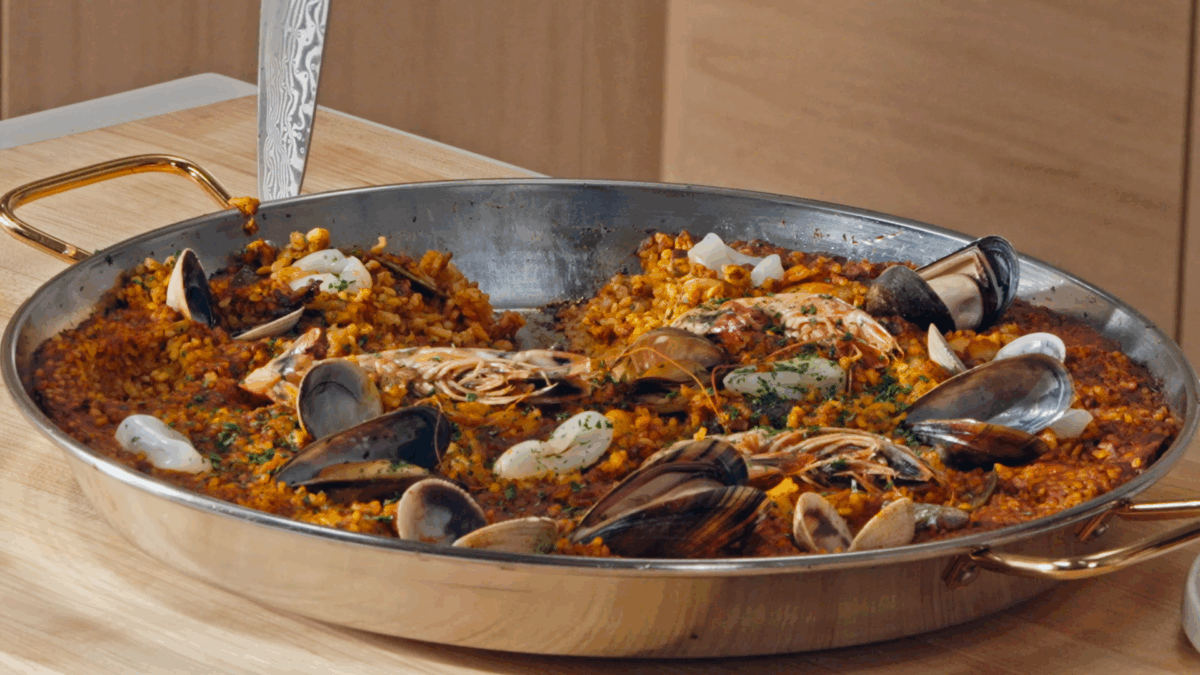 A pan of Spanish seafood paella. 