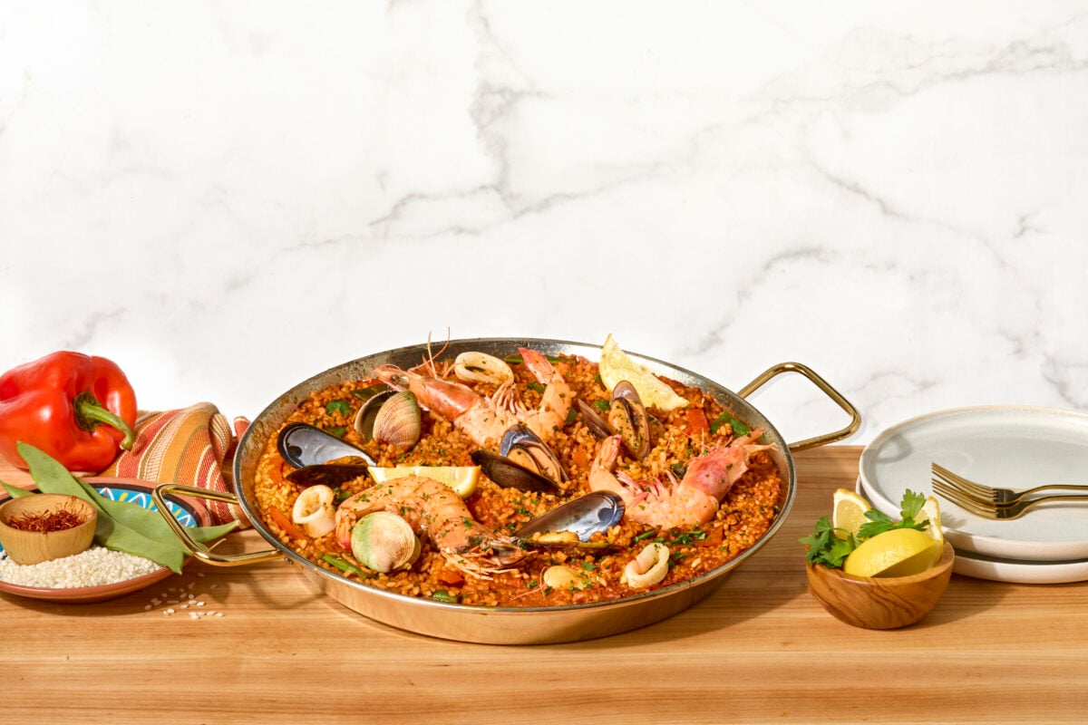A pan of Spanish seafood paella.