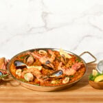 A pan of Spanish seafood paella.