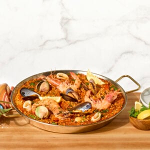 A pan of Spanish seafood paella.