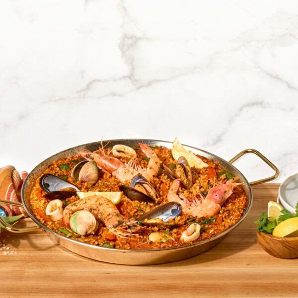 A pan of Spanish seafood paella.