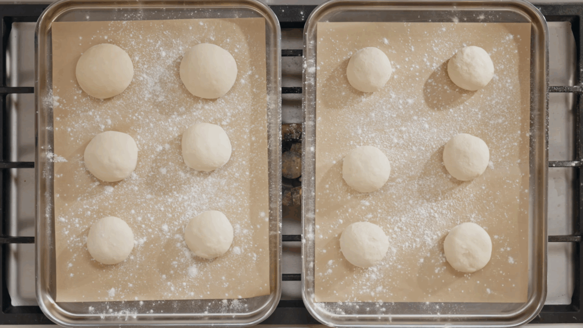 Twelve raw balls of bagel dough on two parchment paper-lined baking sheets. 