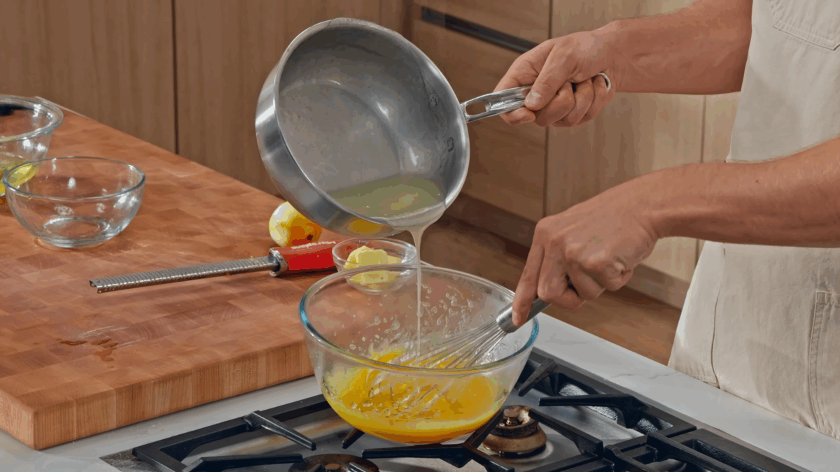 Nick DiGiovanni tempering egg yolks for lemon filling for lemon meringue pie.