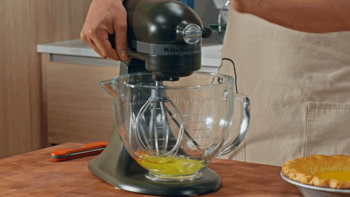 Nick DiGiovanni whisking egg whites in a stand mixer.