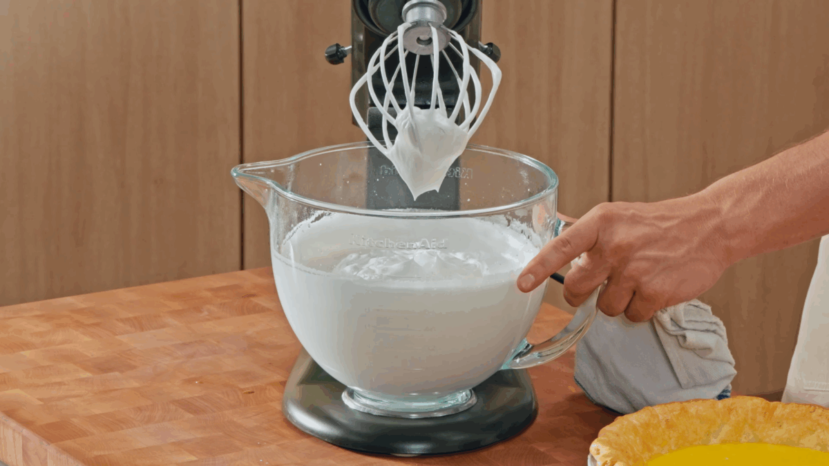 Nick DiGiovanni whipping Italian meringue in a stand mixer.