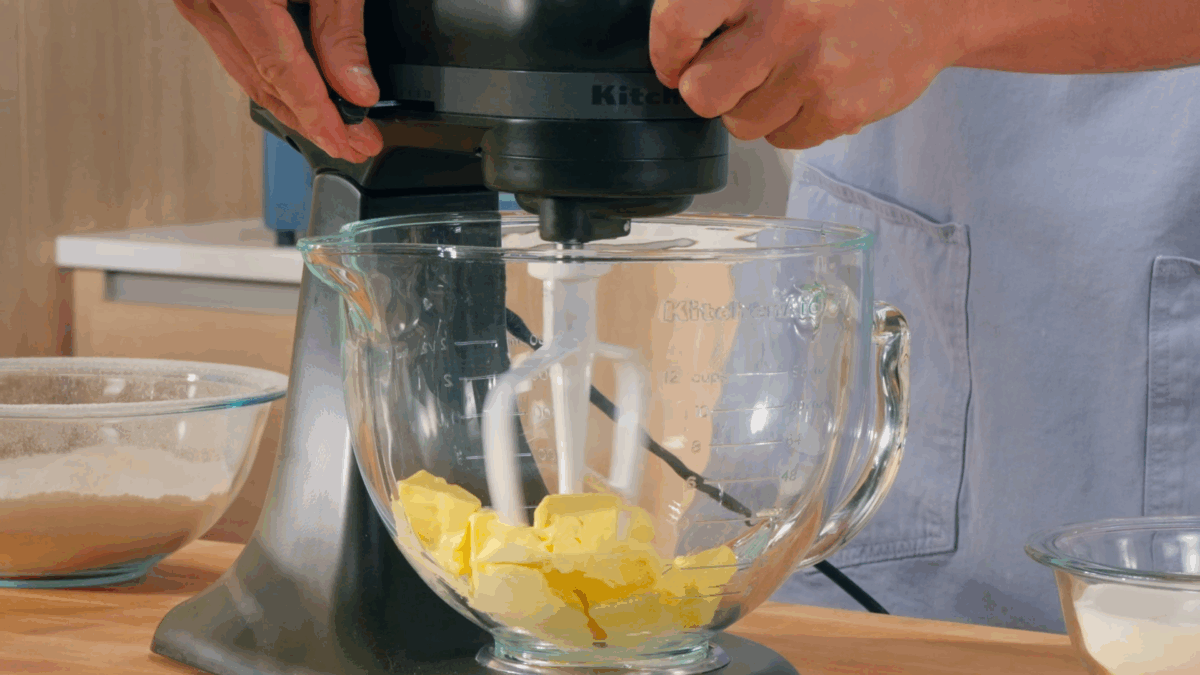 Nick DiGiovanni creaming butter in the bowl of a stand mixer. 