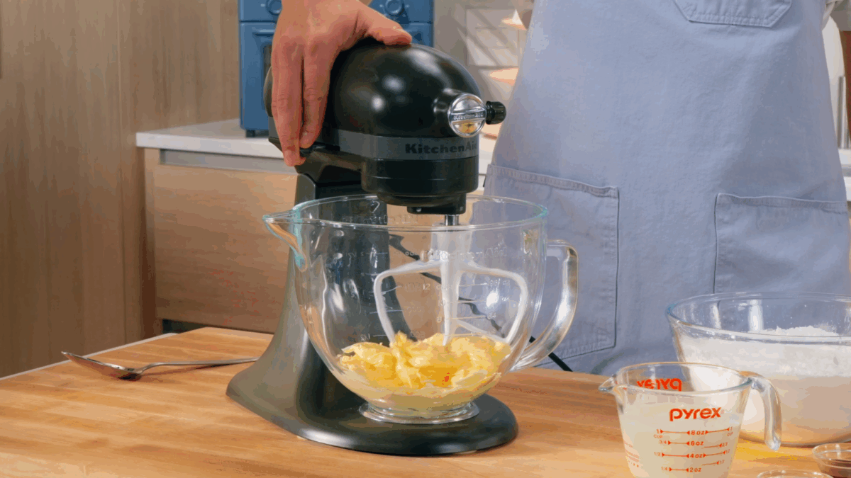 Nick DiGiovanni beating butter with a stand mixer. 