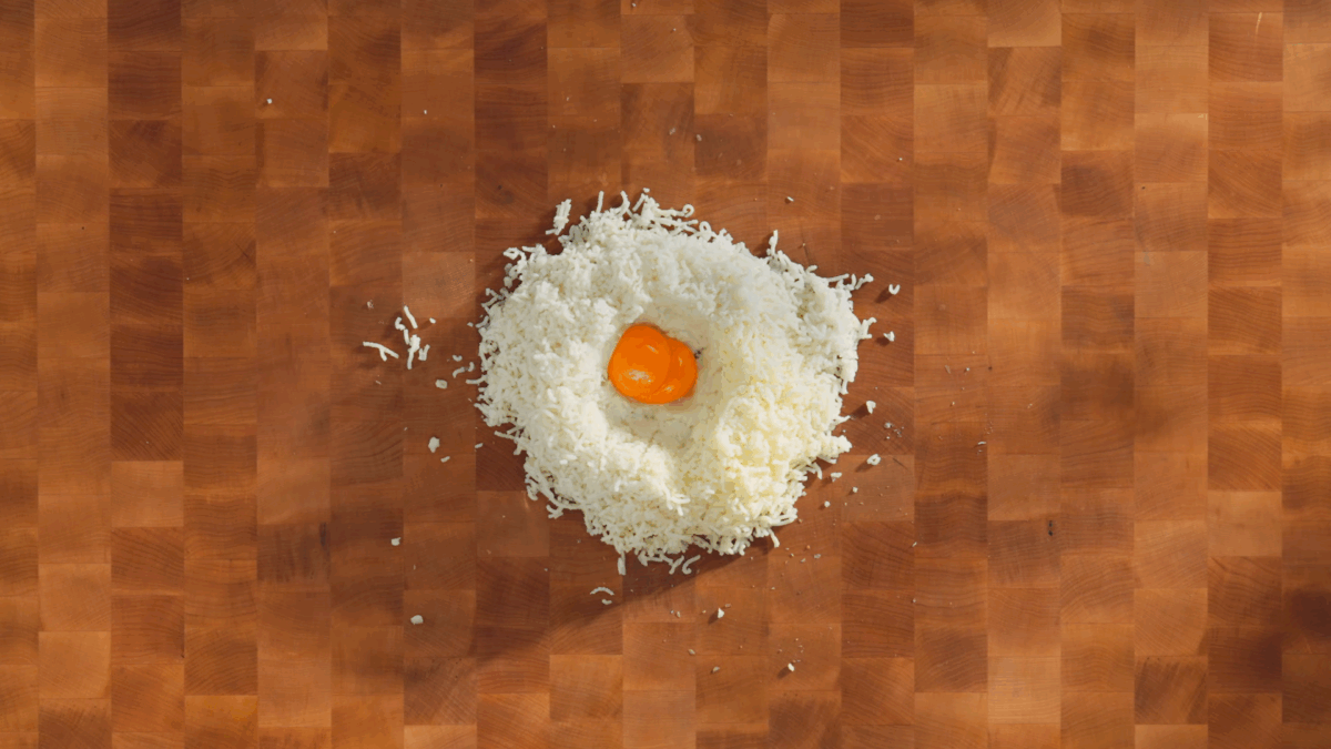 Riced potato with egg yolks in the center. 