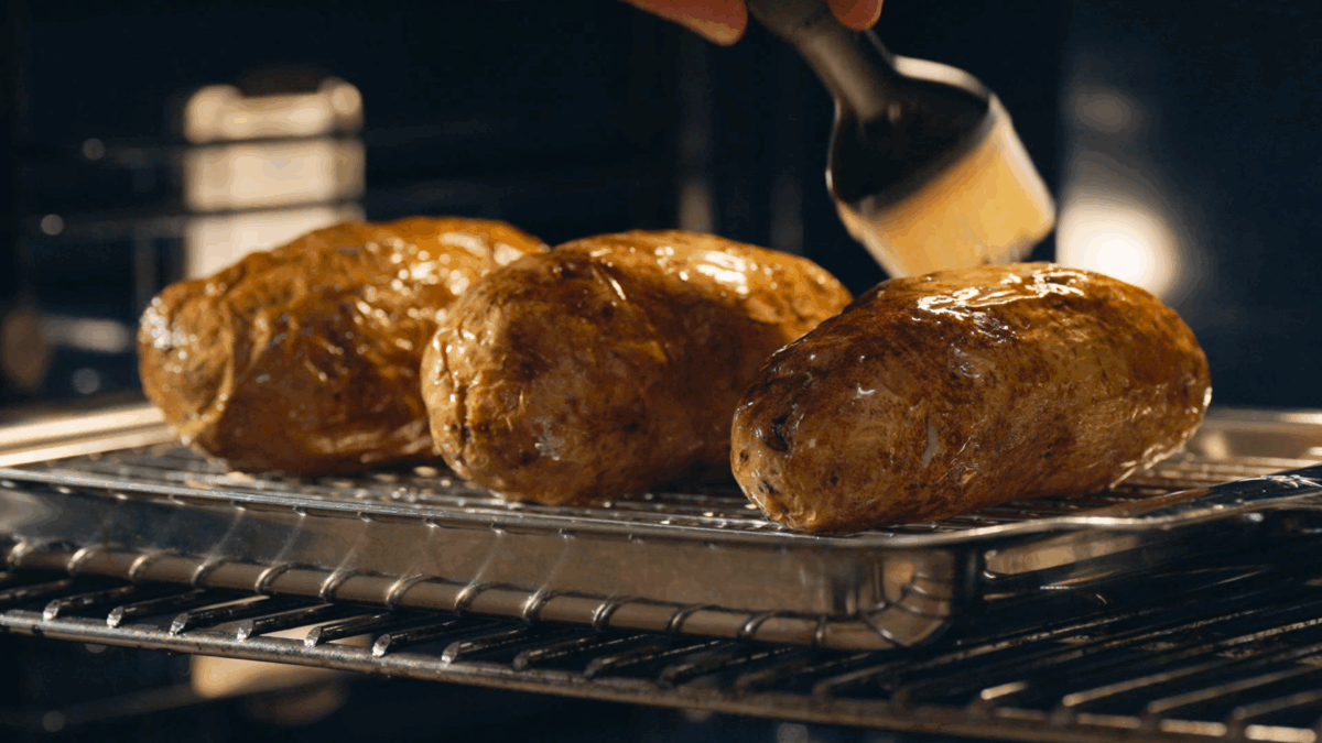 Nick DiGiovanni brushing oil over baked potatoes in the oven. 