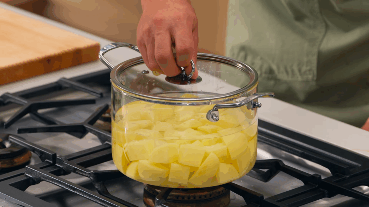 Nick DiGiovanni boiling Yukon Gold potatoes. 