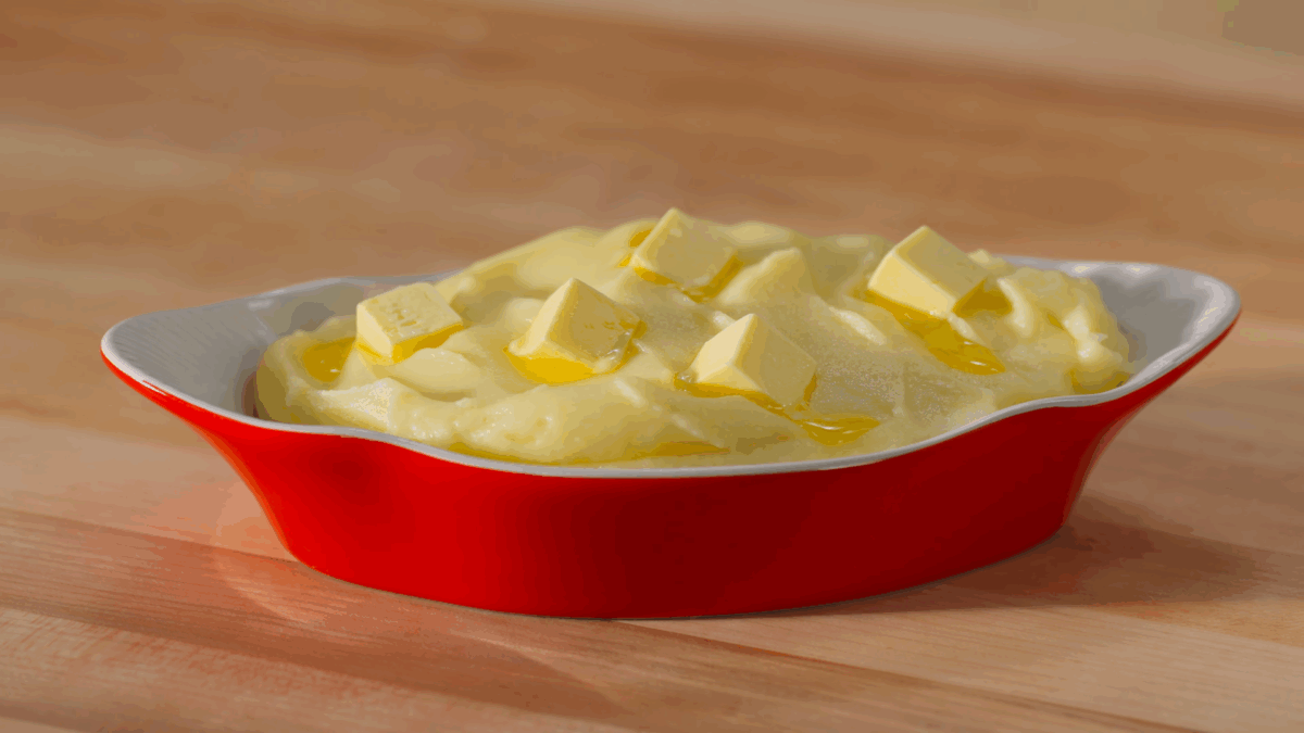 A bowl of Yukon Gold mashed potatoes topped with butter. 