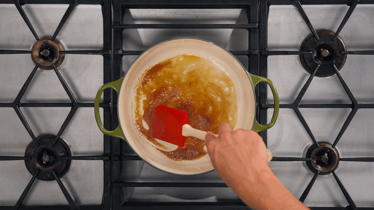 Nick DiGiovani making caramel in a Dutch oven. 