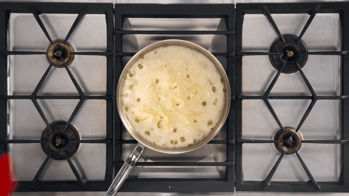 Butter browning in a skillet on the stovetop. 
